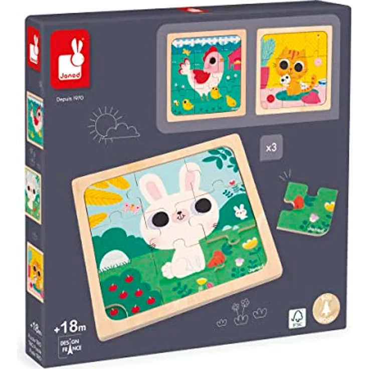 Janod 3 9-Teilige Holzpuzzle-Huhn, Katze, Hase-Kinderspielzeug-Pädagogisches Kleinkindspielzeug-Ab 18 Monaten, J07113, Mehrfarbig