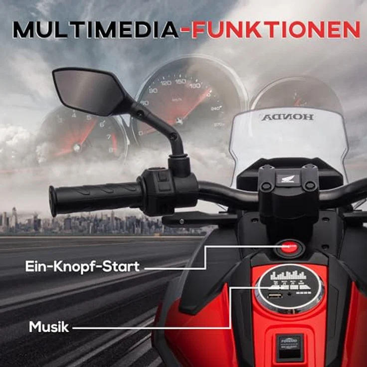 AIYAPLAY Elektro-Kindermotorrad 12V Kindermotorrad mit MP3, USB, LED-Scheinwerfer, Belastbarkeit 30 kg, für 3-6 Jahre, Rot – Bild 4