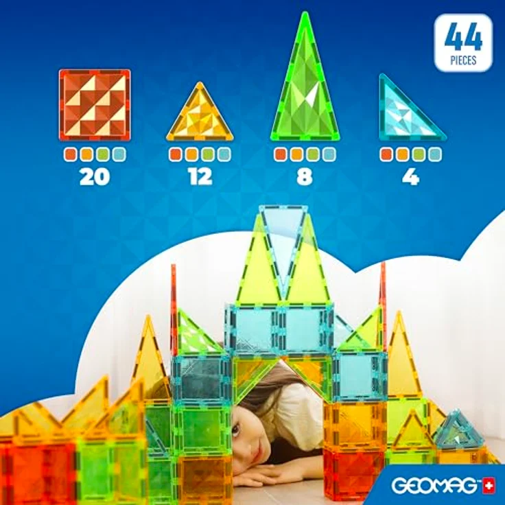 Geomag Magnetic Tiles Gems 44, Magnetbaukasten mit 44 Karten in 4 Formen und 4 transparenten Edelsteinen, Geomag, inkl. grün, blau, gelb, rot – Bild 2