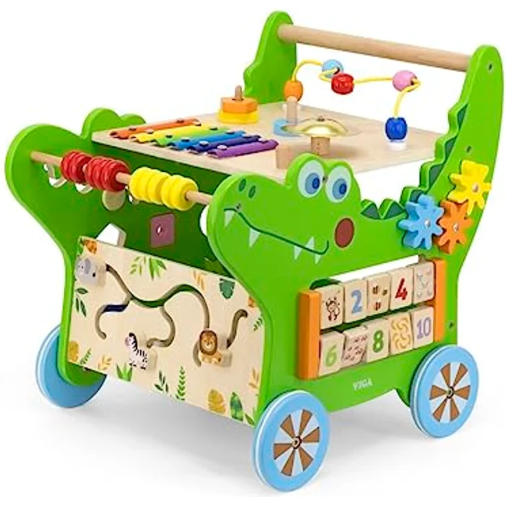 TikTakToo Krokodil Lauflernwagen Baby Aktivity Walker, Motorikbrett mit Xylophon, Glocke, Stapelspiel und Formensteckspiel, FSC-Holz mit Gummilaufringen, ca. 36 x 43 x 42 cm – Bild 2