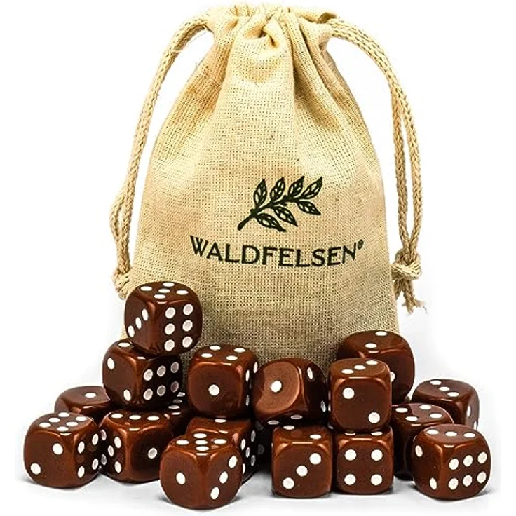 Waldfelsen Acrylwürfel Set, 20 Stück 6-seitige Spielwürfel in Braun mit Stoffbeutel, 16 mm Standardgröße – Bild 1