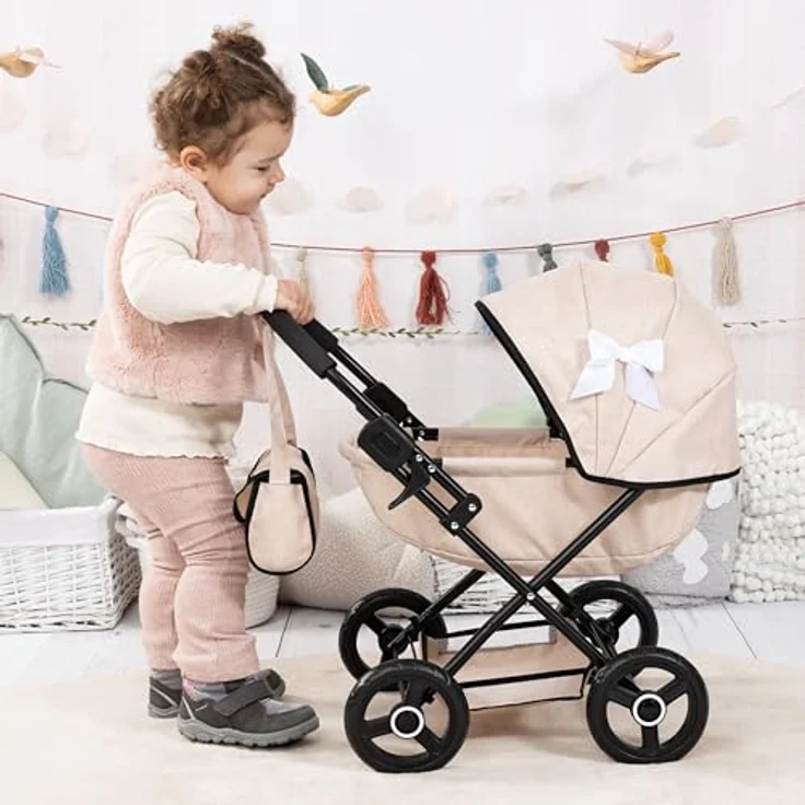 Bayer Design Puppenwagen Cosy, faltbar, mit Decke, Kissen und Tasche, geeignet für Puppen bis 46 cm, trendiges Design (63x34x58 cm) – Bild 2