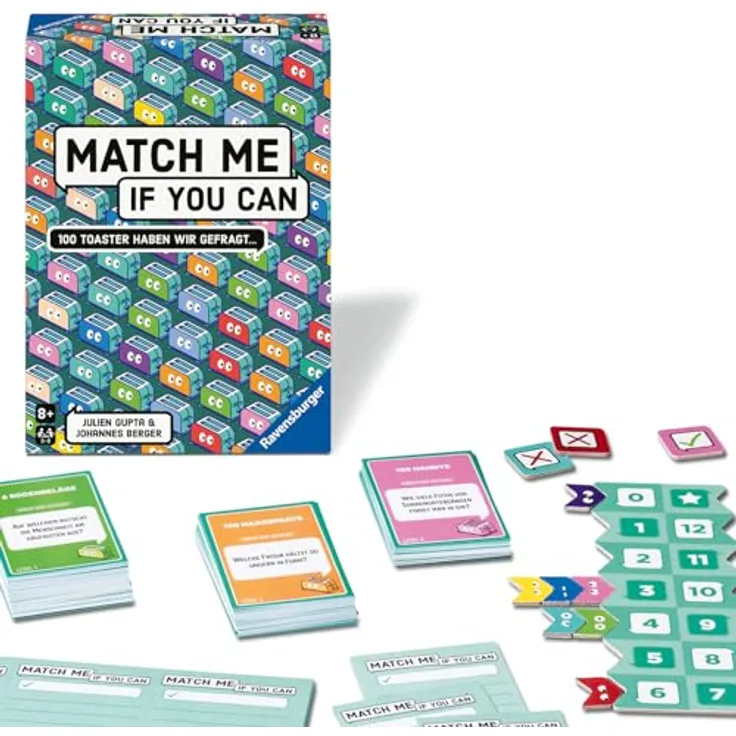 Ravensburger 24757 Match Me, Partyspiel mit 300 Fragen auf 150 Karten, ab 8 Jahren