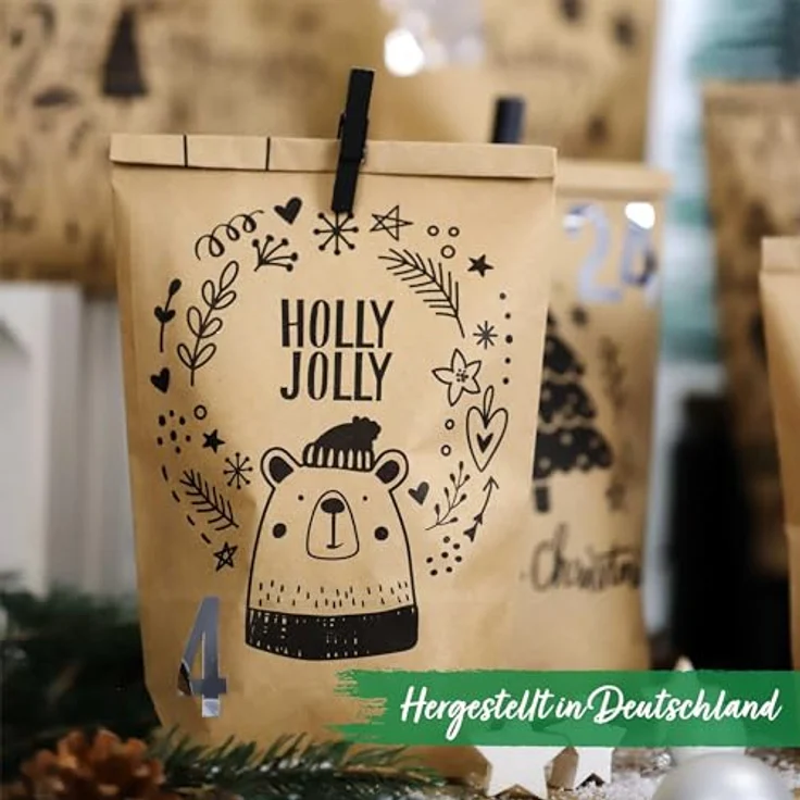 PAPIERDRACHEN Extravaganter Adventskalender zum Befüllen - mit 24 braunen Geschenktüten und 24 Zahlenaufklebern - Motiv Kindermotiv 1 - zum Basteln und Verschenken - Weihnachten & Advent – Bild 4