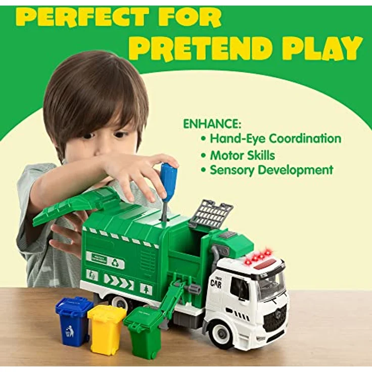 JOYIN Jumbo Müllauto Spielzeug, Müllwagen für Kinder ab 3 Jahren mit Licht und Sounds, 3 Mülleimer und Schraubendreher für DIY Montage, 12,5 Zoll lang – Bild 3