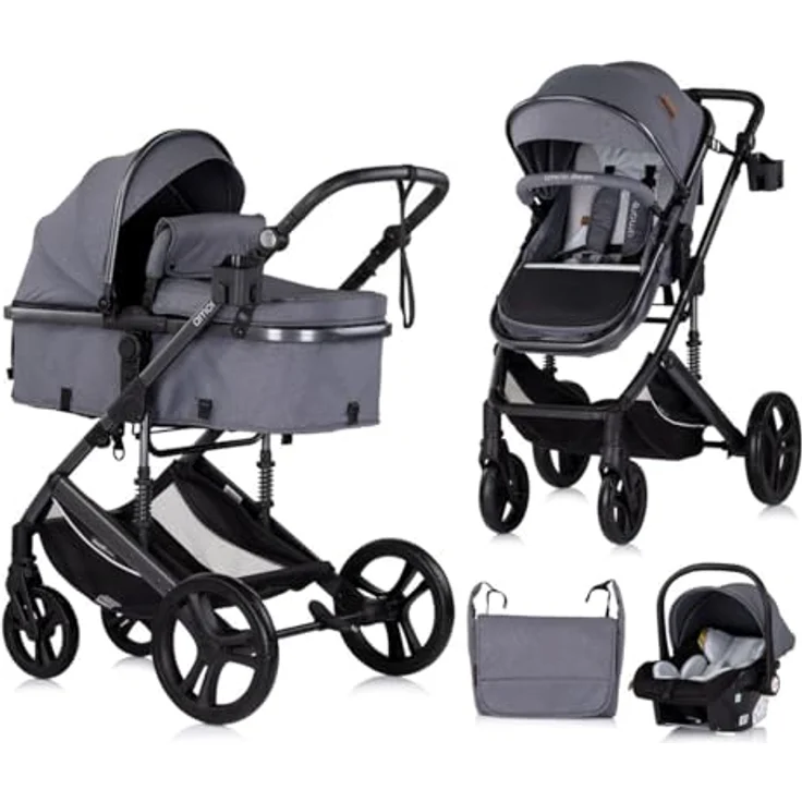 Chipolino Kinderwagen 3 in 1 Amore Babyschale Adapter Wickeltasche, grau gemustert, mit integrierter Federung und verstellbarer Sitzeinheit – Bild 1