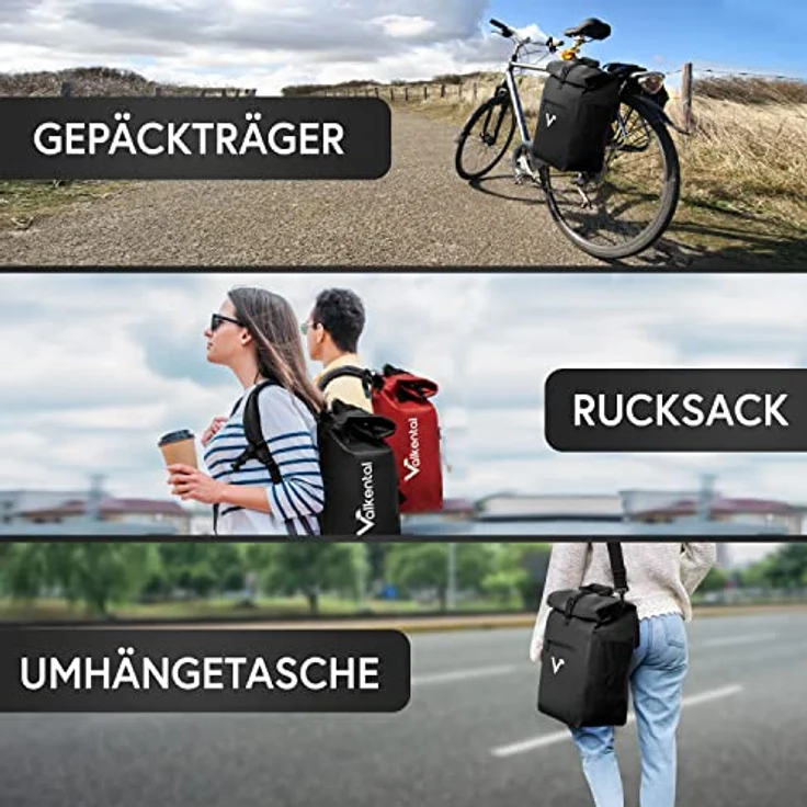 Valkental - 3in1 Fahrradtasche - NEUAUFLAGE 2024 - Geeignet als Gepäckträgertasche, Rucksack und Umhängetasche - Wasserdicht & Reflektierend - 23L - Schwarz – Bild 2