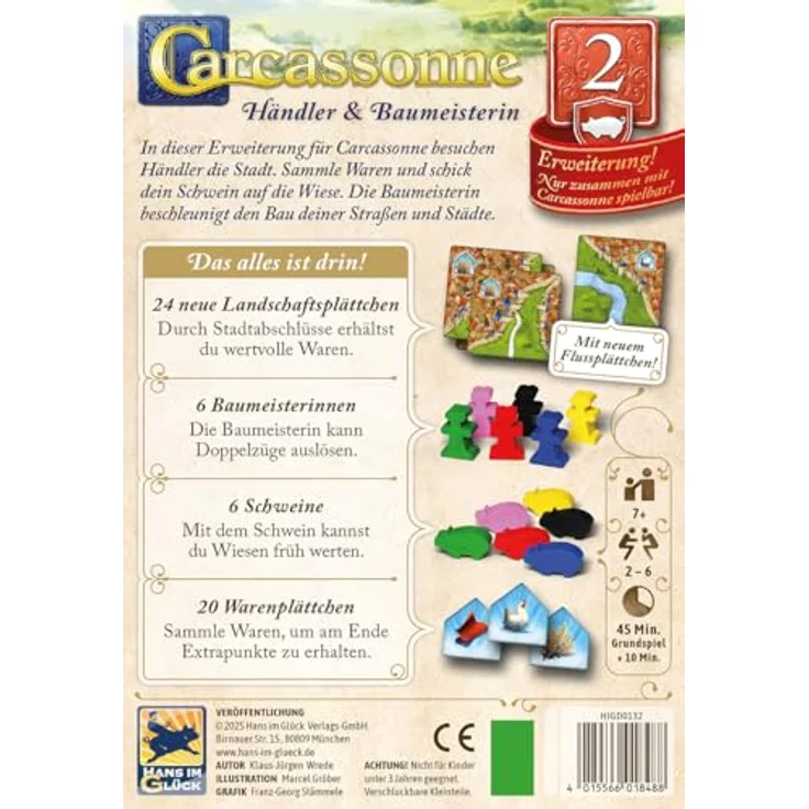 Hans im Glück Carcassonne – Händler und Baumeisterin, 2. Erweiterung für 2-6 Spieler, Familienspiel ab 7 Jahren, deutsche Ausgabe, 45 Minuten Spielzeit – Bild 3