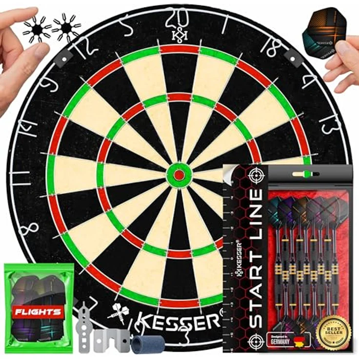 KESSER® Dartscheibe kork mit 9 Dartpfeile Professional Dartboard + 21 Pro Flights + Zubehör Steeldart Offizielles Dartscheibe 9 Pfeilen Metallspitze Profi Steeldartscheibe - Dartboard inkl. Montageset Classic – Bild 2