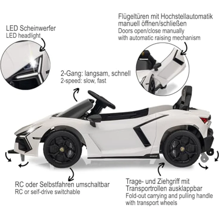 JAMARA 461881 Ride-on Lamborghini Revuelto, Elektroauto für Kinder ab 3 Jahren, 2,4GHz Fernsteuerung, LED-Scheinwerfer, Bluetooth-Audio, Flügeltüren, 12,6V Akku, Schwarz – Bild 4