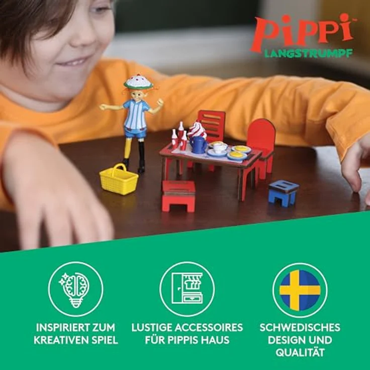 Pippi Langstrumpf Puppenhausmöbel Zubehörset Küche, 5-teilig mit Tisch und Stühlen für die Villa Kunterbunt – Bild 2