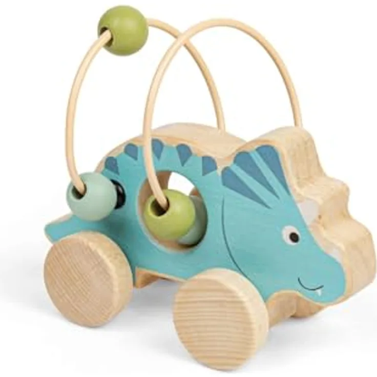 Bigjigs Wooden Push Toy Triceratops, FSC®-zertifiziertes Holzspielzeug mit Perlenrahmen, 13.5 x 11 x 8.5 cm, für Kinder ab 12 Monaten