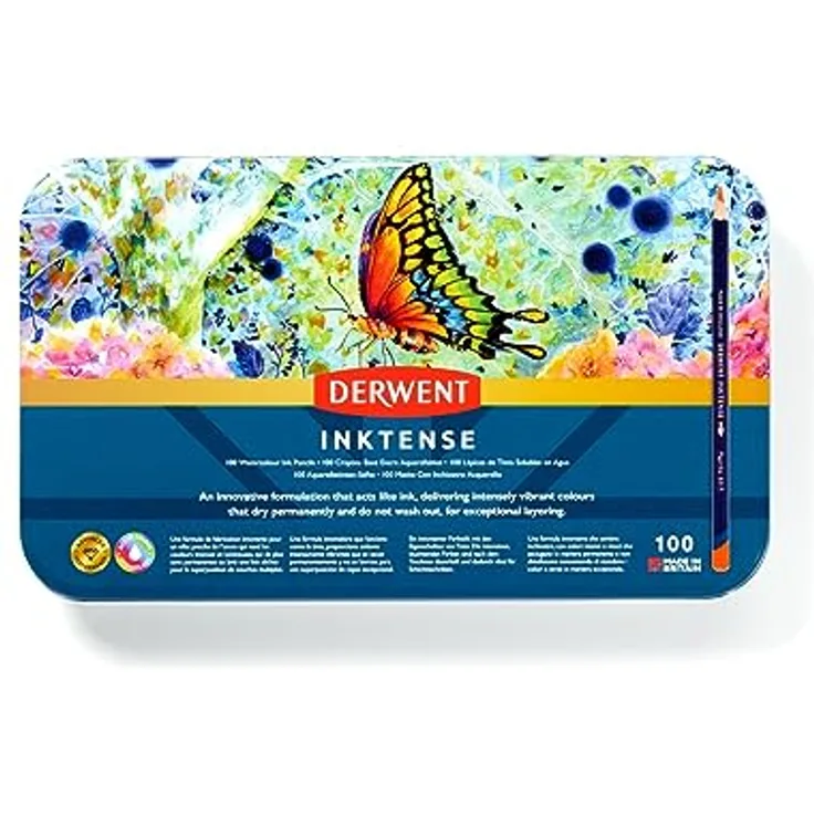 Derwent Inktense Stifte-Set, 100 permanente Aquarellstifte, Premium-Malstifte für Erwachsene, wasserlöslich & wischfest, 4 mm Mine, Profi-Qualität, mit Aufbewahrungsdose, 2306130