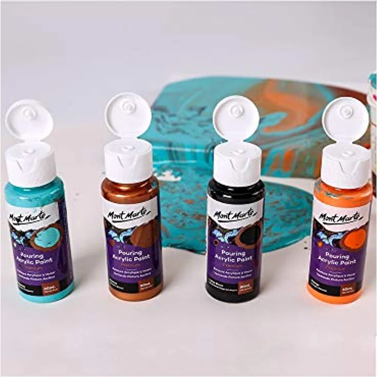 Mont Marte Pouring Set Symphonie, 4 x 60ml Acrylfarben mit Pouring Medium, Türkis, Lampen Schwarz, Bronze, Orange – Bild 2