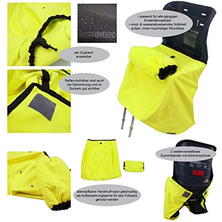 BambiniWelt Kinder Beinwärmer Beinabdeckung Fußsack für Fahrradsitz Römer mit Handmuff Microflees Wind- und wasserabweisend (gelb) – Bild 5