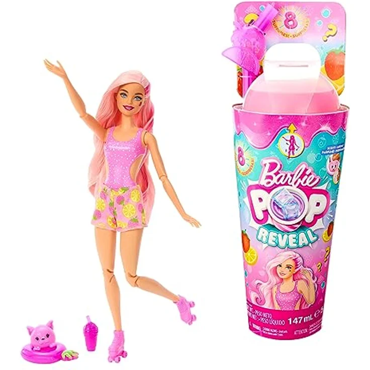 BARBIE Pop Reveal Fruit - Überraschungspuppen mit 8 fruchtigen Überraschungen, inklusive beweglicher Barbie-Puppe mit Erdbeerlimonadenduft und Squishy-Hündchen, ab 3 Jahren, HNW41 – Bild 1