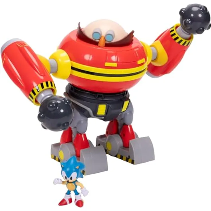 Sonic The Hedgehog – Riesiger Eggman-Roboter-Kampfset, 23 cm Spielset mit Sonic-Figur und projektilschießenden Kanonenarmen, offiziell lizenziert von Jakks Pacific