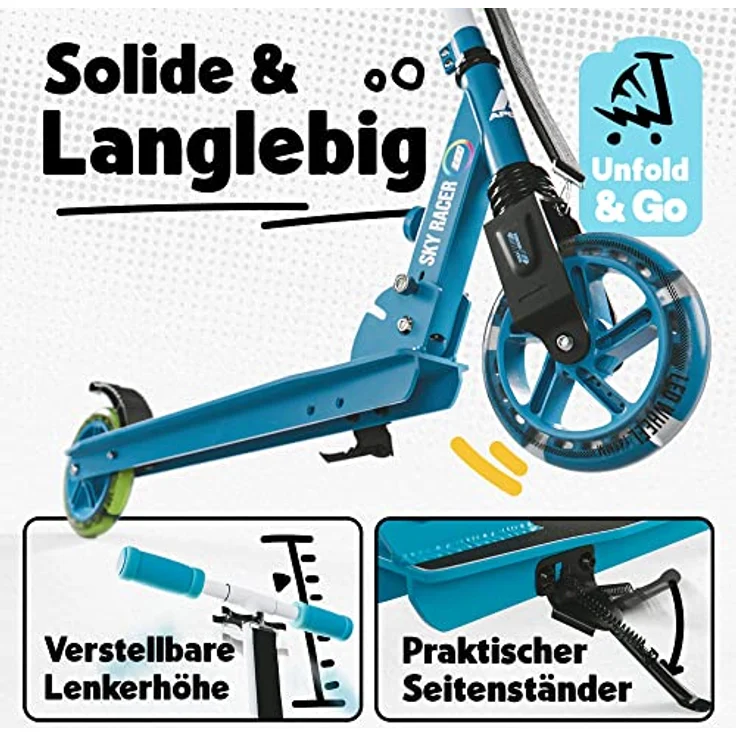 Apollo Skyracer City Roller mit LED Leuchträdern | Roller Kinder 6 Jahre | City Scooter mit Federung | Tretroller für Kinder und Teens | klappbar und höhenverstellbar, blau – Bild 2