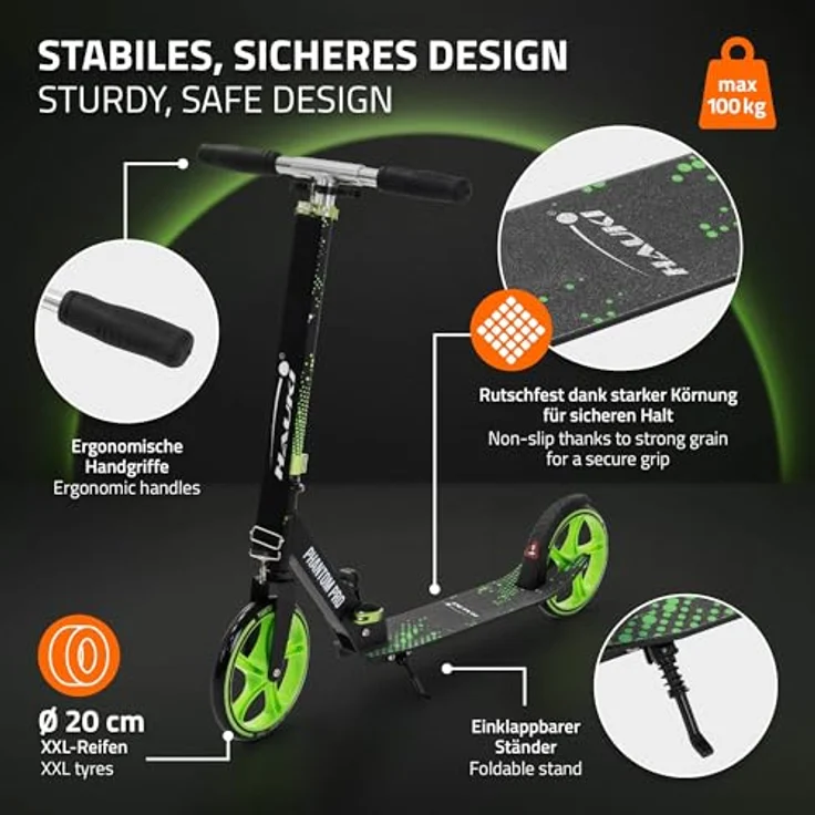 Hauki Cityroller Scooter Grün, klappbar & höhenverstellbar, XXL-Räder, Tritt-Bremse, Kick Roller für Kinder & Erwachsene bis 100kg – Bild 3