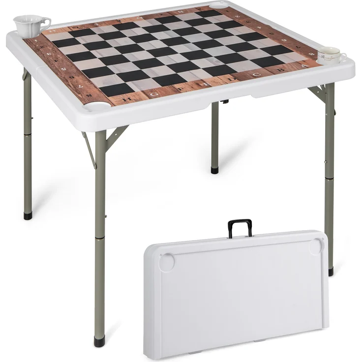 COSTWAY 90 CM klappbarer Schachtisch, quadratischer Kartentisch mit abnehmbarer Tischmatte und 4 Getränkehaltern, tragbarer Kunststofftisch, mehrfarbig