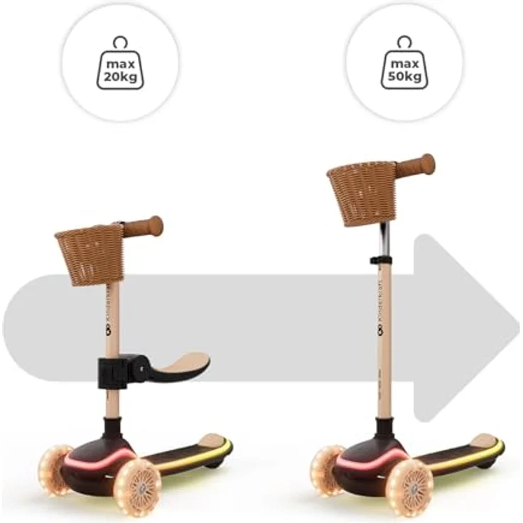 Kinderkraft RAKET UP 2-in-1 Scooter, mit Sitz, LED Trittbrett, RGB Rollen, klappbar, verstellbarer Lenker, für Kinder, Beige – Bild 3