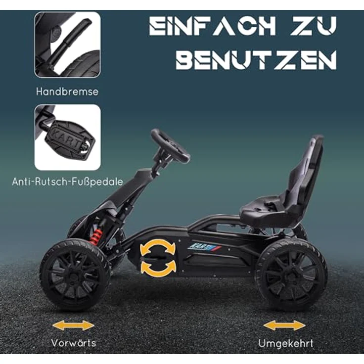 HOMCOM Go-Kart Kinderfahrzeug mit verstellbarem Sitz, Tretfahrzeug, Tretauto mit Handbremse, Kinderspielzeug - Schwarz – Bild 4