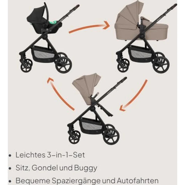 Lionelo Greet 3in1 Kombikinderwagen mit Babywanne, Sportsitz und Babyschale, leicht, federung, UPF50+, wendbar - Beige – Bild 3