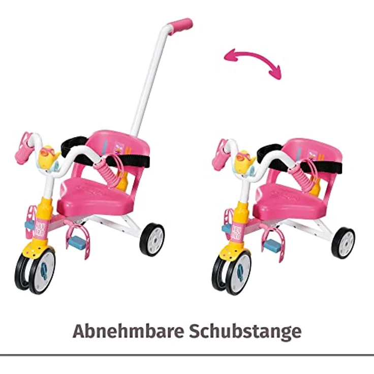 BABY born Zapf Creation 835456 Puppenzubehör für 43cm Puppen, Dreirad mit Stange, Hupe, Schlaufen und Sicherheitsgurt in rosa und weiß – Bild 4