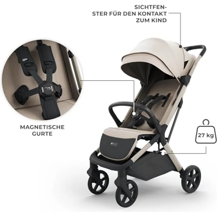 Kinderkraft NUBI 3 Buggy bis 22 kg, automatisch zusammenklappbar, große EVA-Räder, 5-Punkt-Gurt magnetisch, Liegeposition, UPF50+ Verdeck, beige – Bild 5