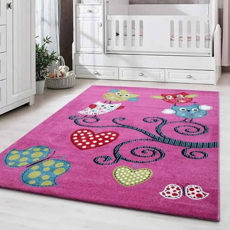 Carpetsale24 Kinderteppich Eule Violett 80x150 cm – Rutschfest, Allergikerfreundlich, Oeko-Tex Zertifiziert, Weiche Spieloberfläche