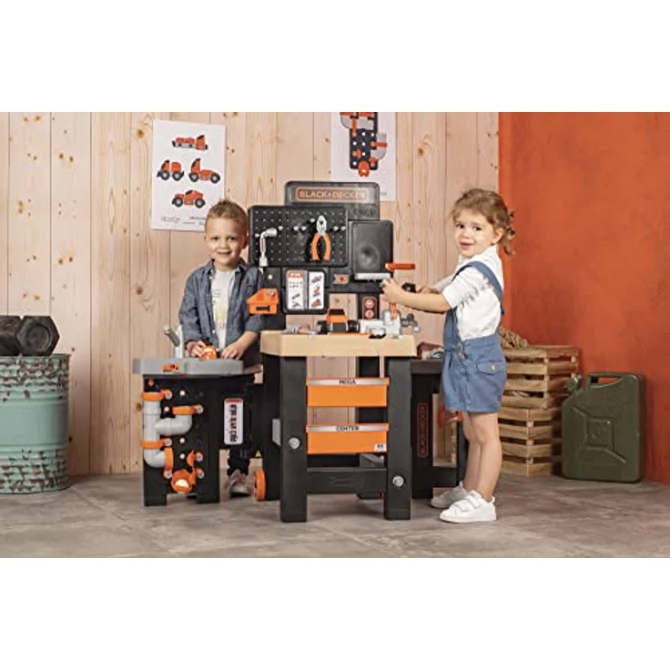 Smoby Toys - Black+Decker Mega Werkbank Center (100 Teile) - Spielzeug-Werkstatt für Kinder ab 3 Jahren mit Werkzeug, Nagelbrett, Autobausatz & mechanischem Akkuschrauber – Bild 5