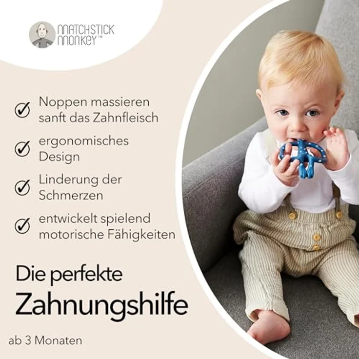 Matchstick Monkey Little Stars, Beißring mit ergonomischem Design und Massage-Noppen, für zahnende Babys ab 3 Monaten – Bild 3