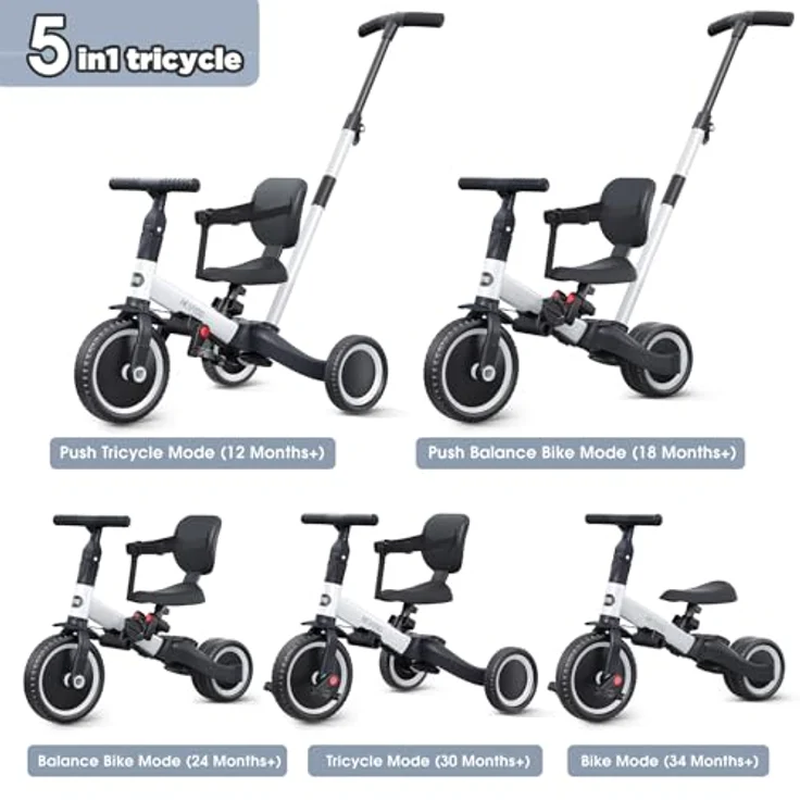 newyoo 5 in 1 Laufrad Dreirad, ab 1 Jahr mit Schubstange, verstellbarem Sitz und abnehmbaren Pedalen, bis 25 kg, Weiß – Bild 2