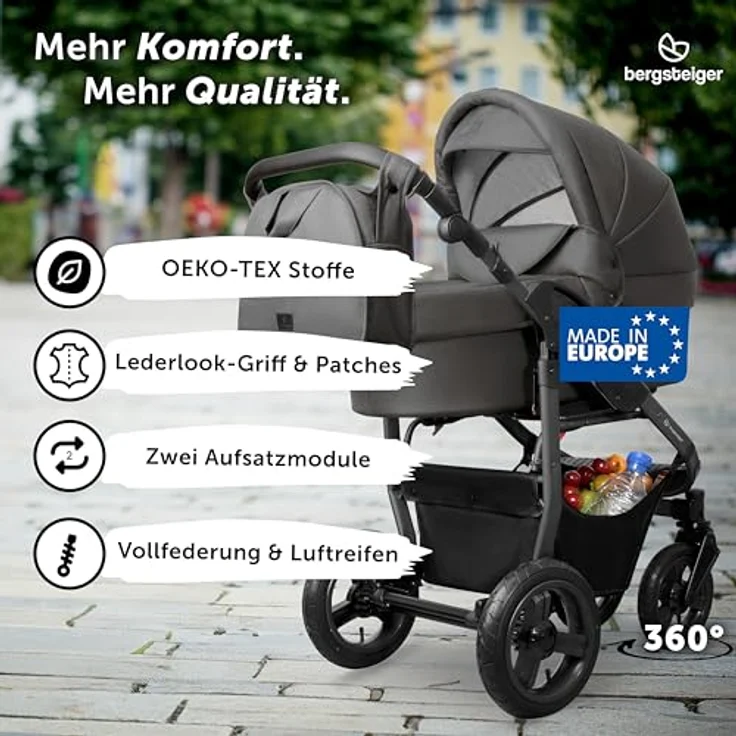 Bergsteiger Capri Kombikinderwagen 3-in-1, Babywanne, Sportsitz & i-Size Babyschale mit Luftreifen, Federung, höhenverstellbarem Griff, faltbar, Zubehör – Bild 2
