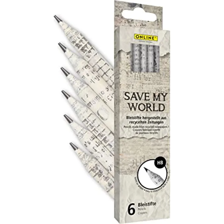 Online Bleistifte aus recyceltem Zeitungspapier I Vorteilspack 6x umweltfreundliche Bleistifte Set HB I für Kinder, Schule, Künstler, 1 Stück (1er Pack)