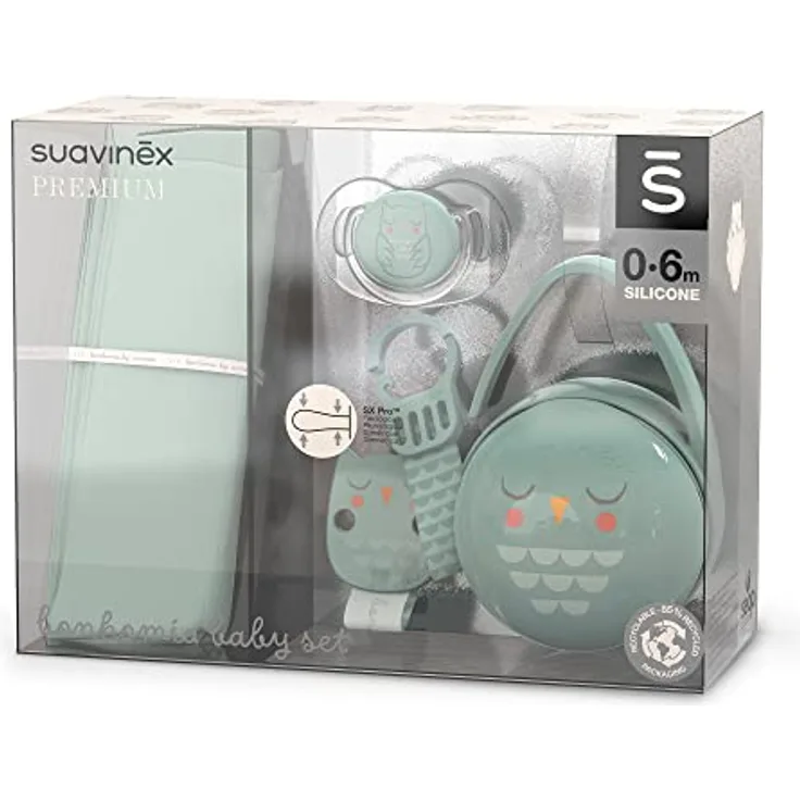 Suavinex, Neugeborene Set. Babygeschenk mit: Schnuller 0-6 Monate mit physiologischer SX Pro Silikon-Sauger + Duo Schnullerbox + Schnullerkette. Bonhomia, Grün