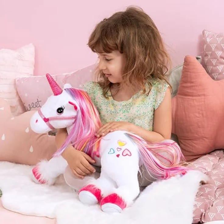 Bayer Design 69536AA Plüsch Einhorn mit Licht, Sound, Funktion, Stofftier, Kuscheltier, Regenbogen Haare – Bild 4