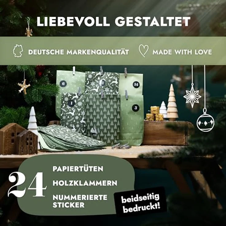 Amari Adventskalender zum Befüllen - 24 Papier Adventstüten (mit Holzklammern) zum Basteln für Weihnachten - Midnight Green – Bild 2