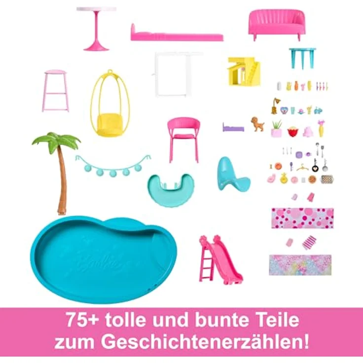 BARBIE - Traumvilla, Poolparty Puppenhaus mit mehr als 75 Teilen und Rutsche über 3 Etagen, Haustieraufzug und Spielbereiche für die Welpen, für Kinder ab 3 Jahren, HMX10 – Bild 3