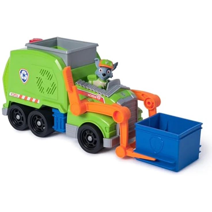 Paw Patrol Rocky's Recycling Truck, Deluxe Spielzeugfahrzeug mit 7 cm Rocky Figur und Funktion zum Verladen von Müll – Bild 1