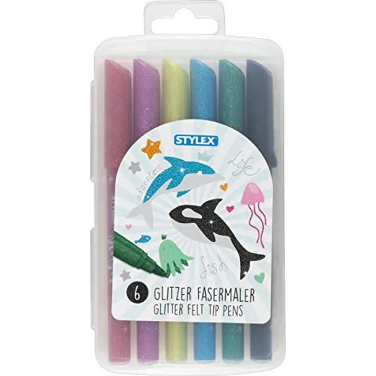 Stylex 64016 - Glitzer Fasermaler, Fasermalstifte für Kinder, 6 Farben in wiederverschließbarer Box, zum Malen, Basteln und Zeichnen