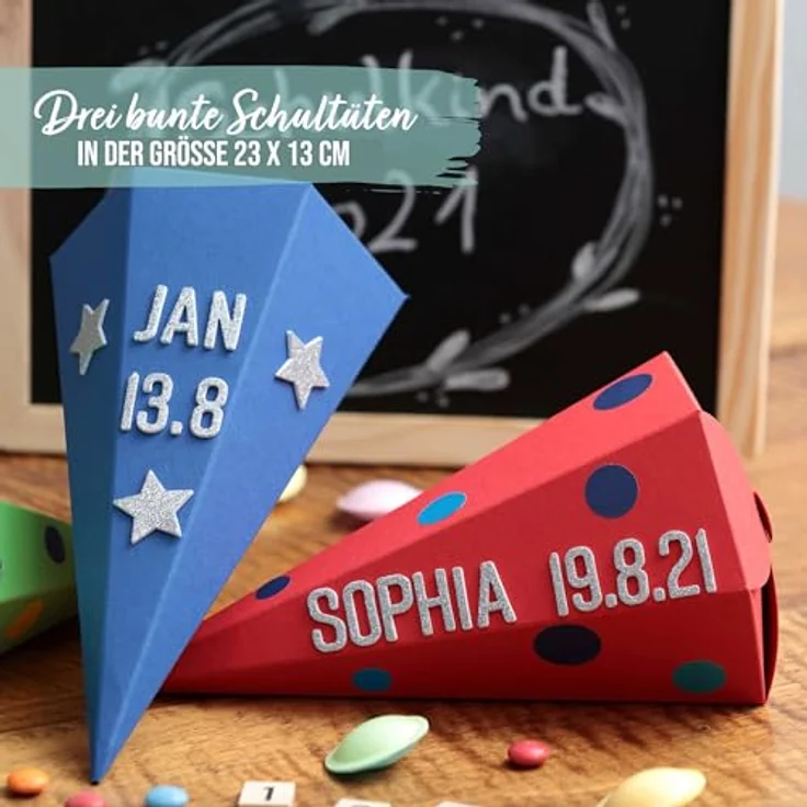 Papierdrachen 3 Geschwistertüten, Schultüten-Set zur Einschulung, kleine Zuckertüten in Blau, Grün & Rot, inkl. dekorativen Moosgummi Aufklebern – Bild 3