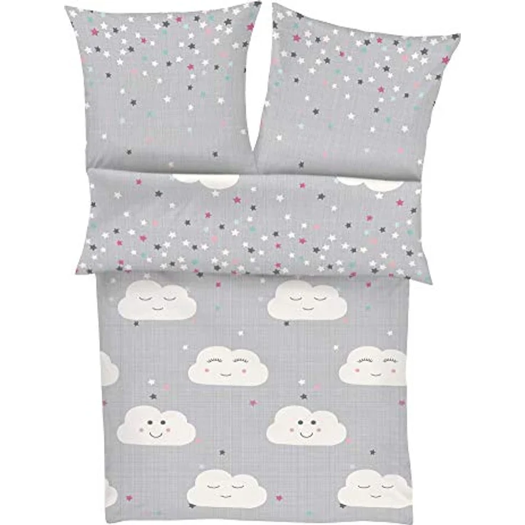 s.Oliver Kinderbettwäsche Wolke 100x135 cm - 100% Baumwolle, praktischer Reißverschluss & maschinenwaschbar, Bettwäsche für Kinder 2tlg. Wölkchen & Sterne grau – Bild 1