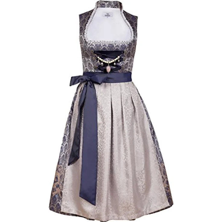 Edelnice Dirndl Marianna Stehkragen, Jaquard Stoff in grau-silber und dunkelblau, mit Perlen Charivari und Dirndlschürze – Bild 2