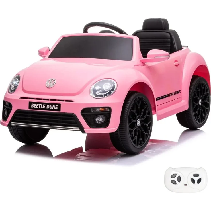 Kijana Volkswagen Beetle Kinder Elektroauto 12V, mit Fernbedienung für 1 bis 4 Jahre, rosa, Sicherheitsgurt, MP3-Player, 2 Motoren, Soft-Start-Funktion