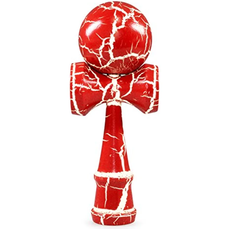 Ganzoo Kendama 16 cm, Geschicklichkeitsspiel mit Holzkugel (Loch) und Nylonschnur, 3 Fangteller, rot weiß – Bild 1