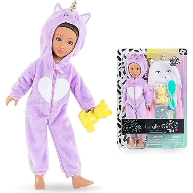 Corolle 9000600210 Girls Luna Pyjama Party, Ankleidepuppe im kuscheligen Einhorn-Onesie, 7 Teile, Schlafsack, Vanilleduft, 28cm, ab 4 Jahren