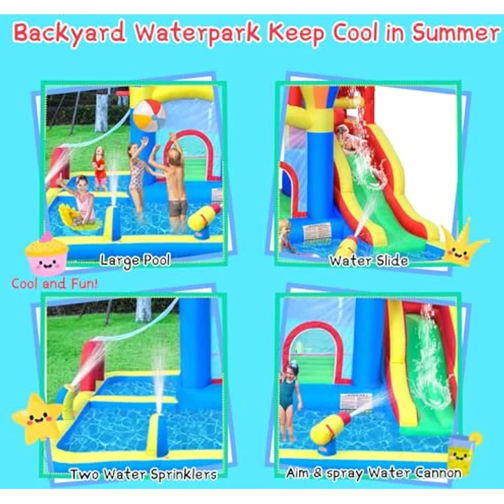 Baralir Aufblasbare Hüpfburg Indoor mit Trocken-/Wasserrutsche für Kinder von 3 bis 8 Jahren, 340×335×209CM, inkl. Gebläse und tragbarer Tragetasche – Bild 4