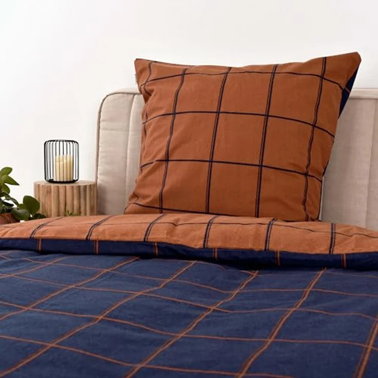 TOM TAILOR Flanell-Bettwäsche LARGE CHECK Blau, Braun (Dark Navy & Rusty Red), 100% Baumwolle, Wendemotiv, farbiger Markenreißverschluss – Bild 4