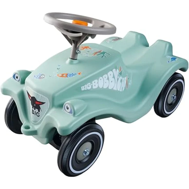 BIG Bobby Car Classic Green Sea - Rutschauto ab 1 Jahr im bunten Meeres-Design mit grauem Sicherheits-Lenkrad und Hupe, für Kinder von 1-5 Jahre (bis 50 kg), salbei mit Aufklebern – Bild 1
